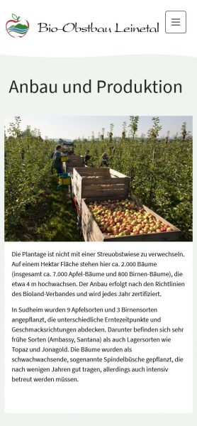 Bio-Obstbau Leinetal - Screenshot Anbau und Produktion Mobil