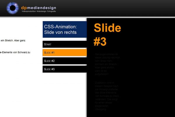 Screenshot: Demo: Navigation auf der rechten Seite mit Slides von rechts, Fensterinhalt verschoben