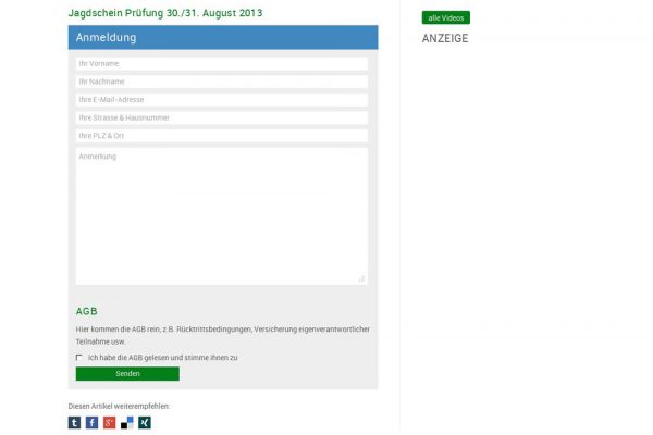 Screenshot Jagdschule Südniedersachsen - Kursanmeldung