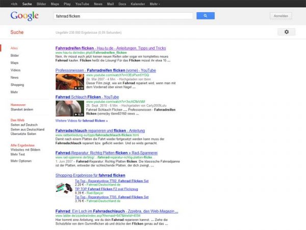 Screenshot Google Ergebnisse für "fahrrad flicken"