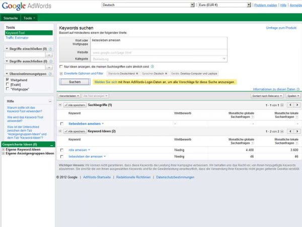 Screenshot Google Ergebnisse für "liebesleben ameisen"