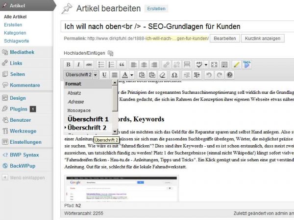 Screenshot Textauszeichnung WordPress Editor